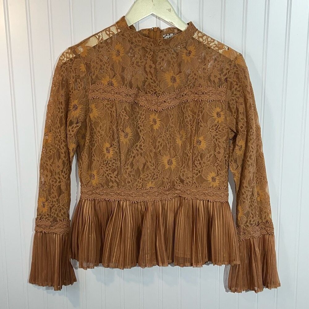 A. Calin By Flying Tomato Long Sleeve Lace Blouse Women Medium Lt Rust Romantic